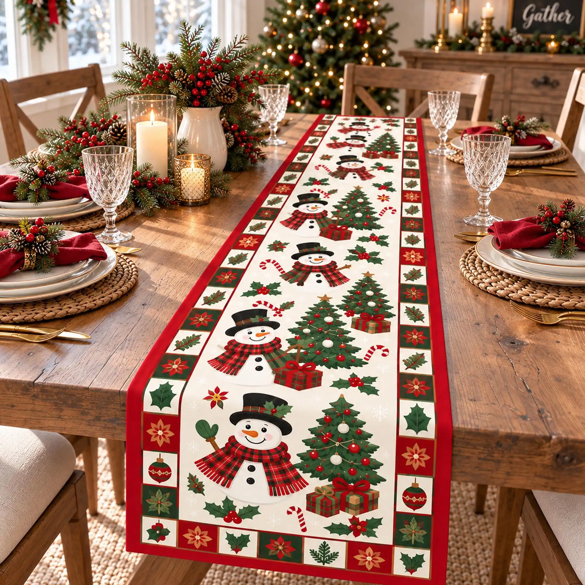 Christmas Snowman Table Runner, Holiday Polyester Table Decor, Festive Christmas Dining Table Runner, Winter Farmhouse Kitchen