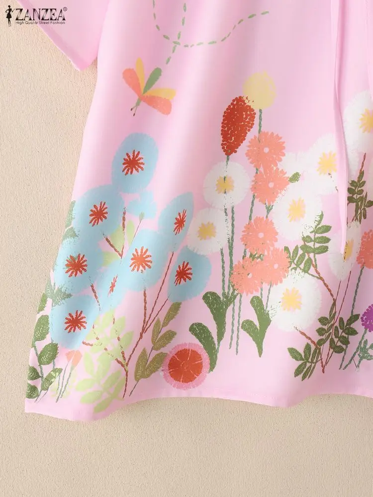 ZANZEA بلوزات نسائية غير رسمية مطبوعة بالزهور لصيف 2025 برباط علوي ورقبة دائرية وأكمام قصيرة ملابس نسائية ملابس خروج 3XL