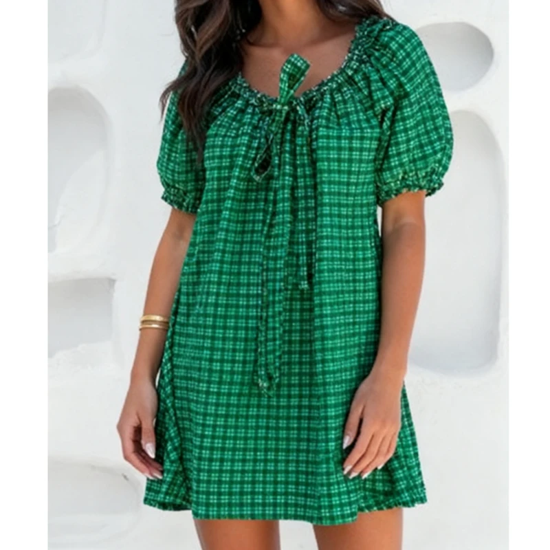 2026 Abito corto scozzese bordeaux da donna con maniche a sbuffo e dettaglio cravatta anteriore Mini abito casual per donna Elegante abito a trapezio autunnale