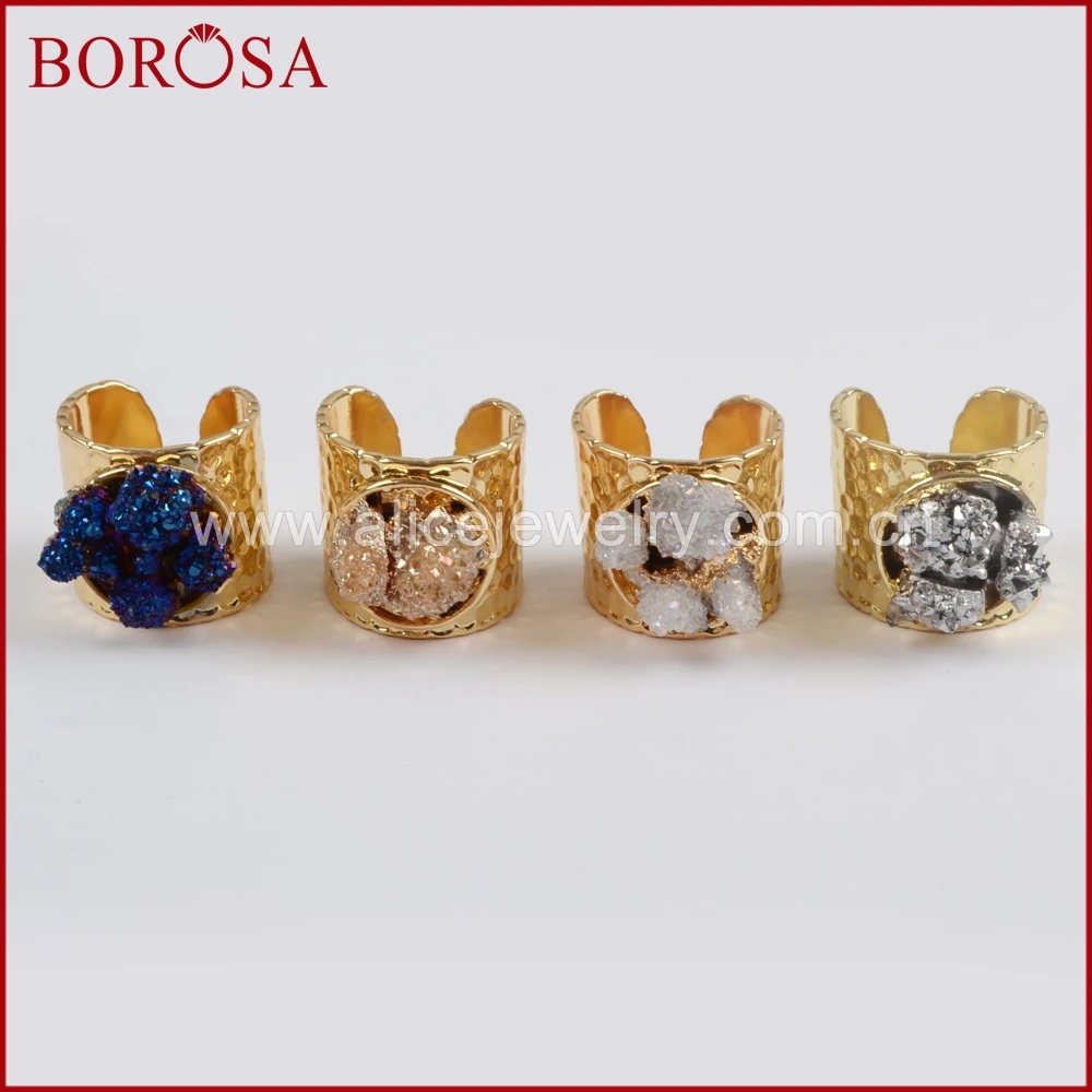 Fashion Gold Plated Rough Titanium Druzy Crystal Chips Ring Handmade Band Ring for Women Gift Jewelry