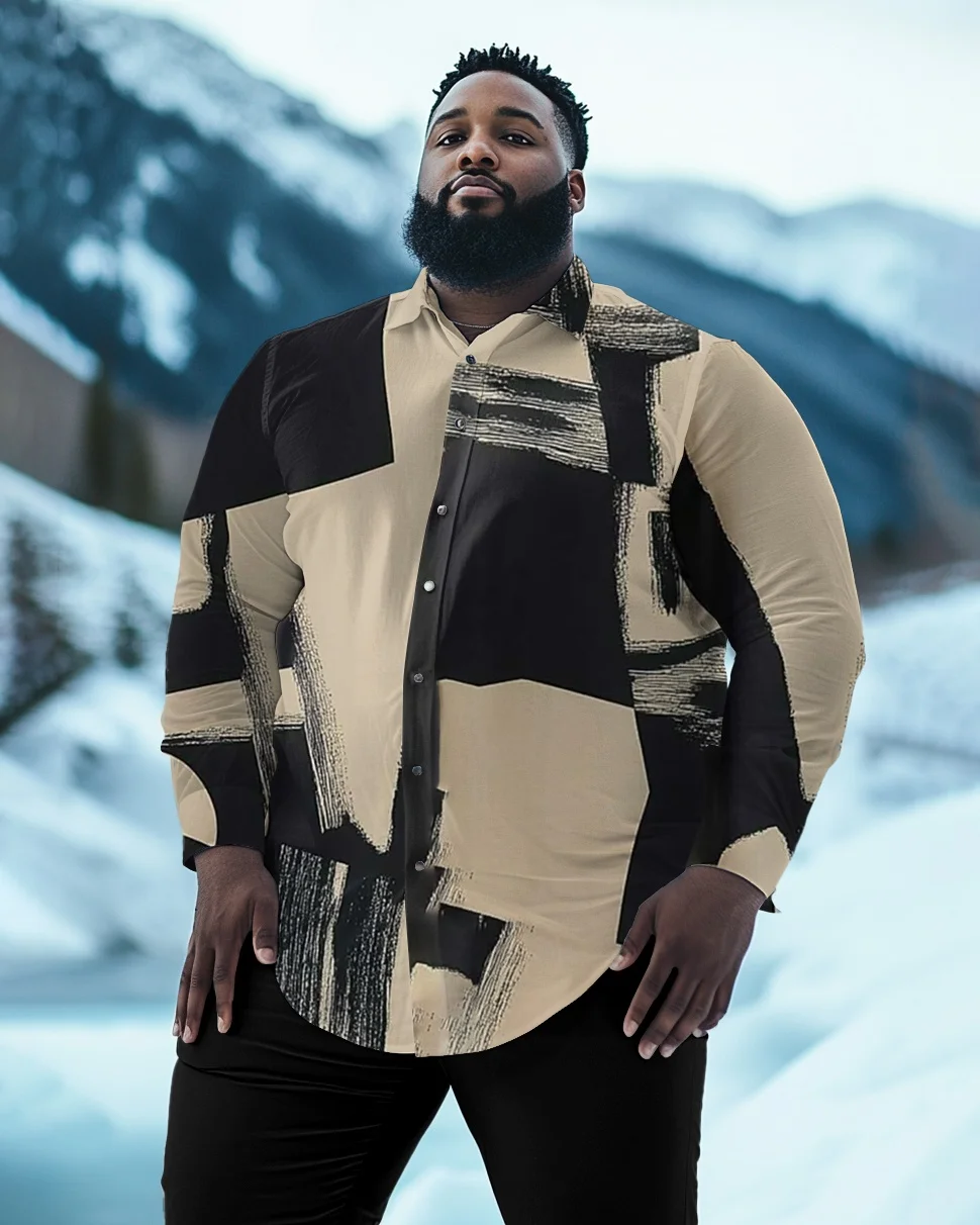 Men's Plus Size Long Sleeve Button-Up Shirt, Bold Geometric Prints with Contrast Blocks or Angular Lines for Casual Streetwear