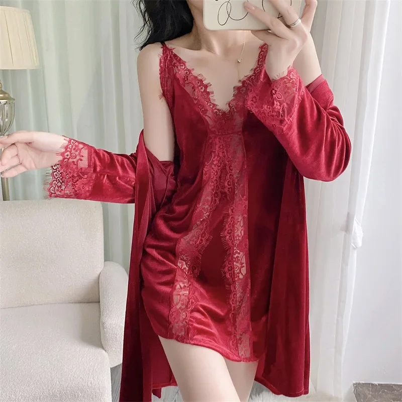 Twinset Velour Bathrobe Set Kimono Nightgown Women Robe Gown Homewear Velvet Lace Hollow Out Nightdress Sleepwear Loungewear