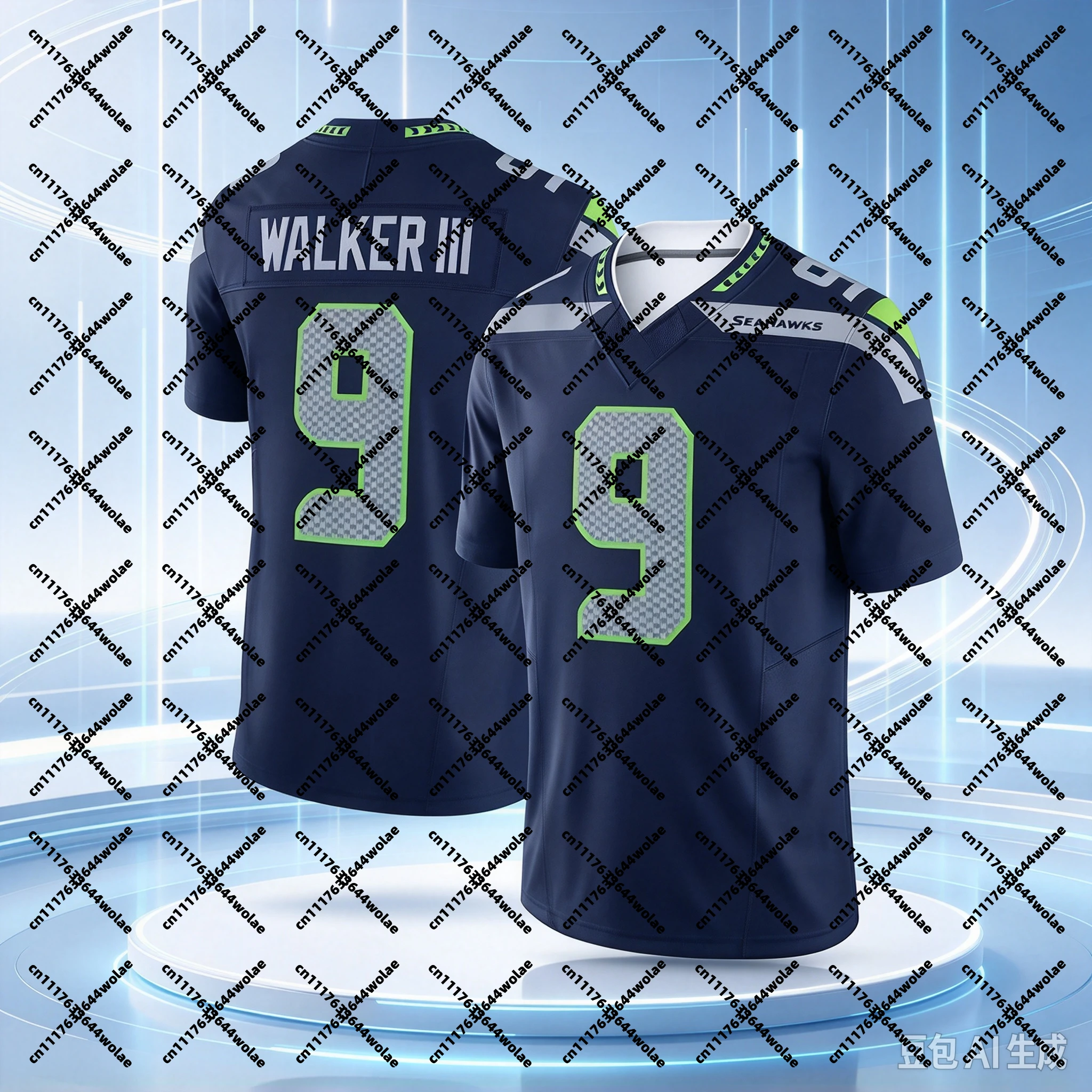NEW Men #9  Navy Home Football Jersey Mesh Digital Number Neon Green Trim Seahawks Game Fan Jersey Family Matching