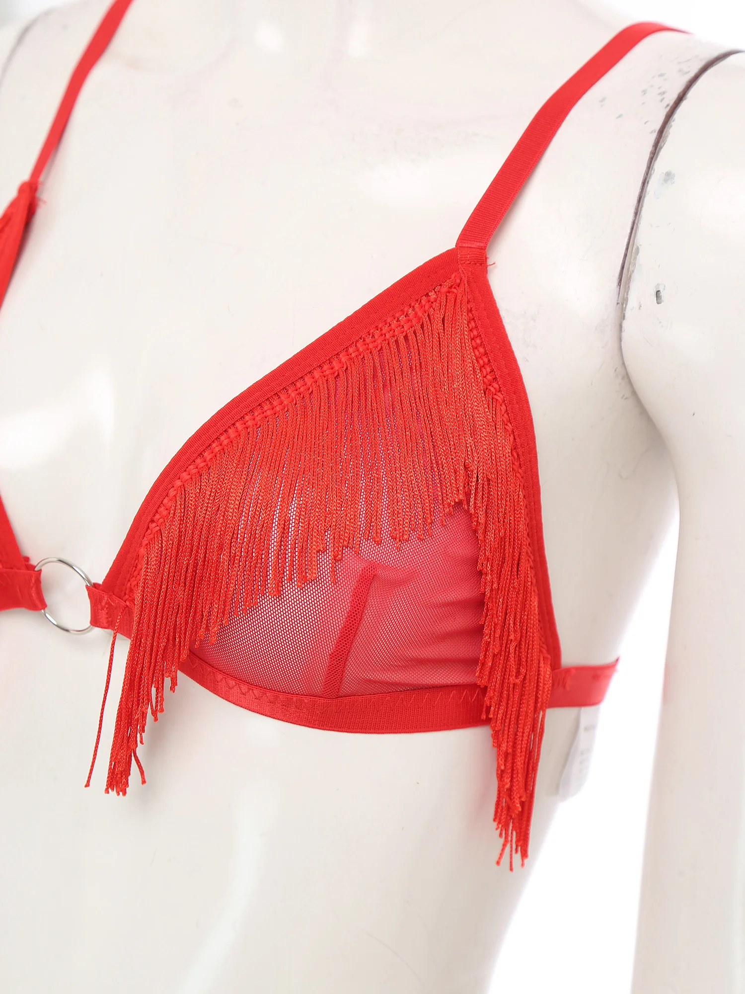 

Womens Sexy See Through Tassel Lingerie Set 3 Piece Fringed Triangle Cup Bra T-back Thongs Waist Belt Underwear Night Club Wear