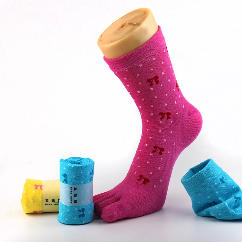 1/5 Pairs Women Cotton Five Toe Socks Cute Bow Polka Dot Print Mid Calf Split Toe Socks Toe Crew Socks For Ladies Daily Wear