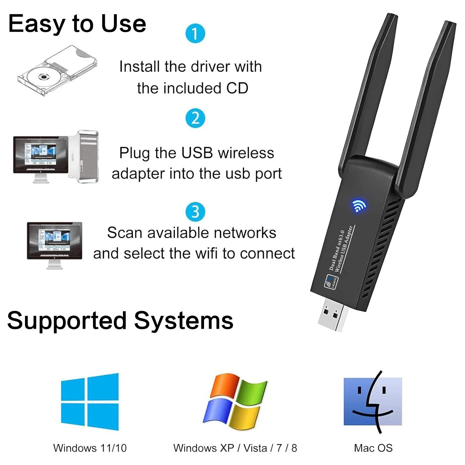 1300Mbps USB WiFi Adapter Dual Band 5GHz 2.4GHz Wireless Network Card Double High Gain Antenna USB3.0 WiFi Dongle Internet Receiver for PC Laptop Desktop Support Windows 11 10 8 7 Vista XP view 7