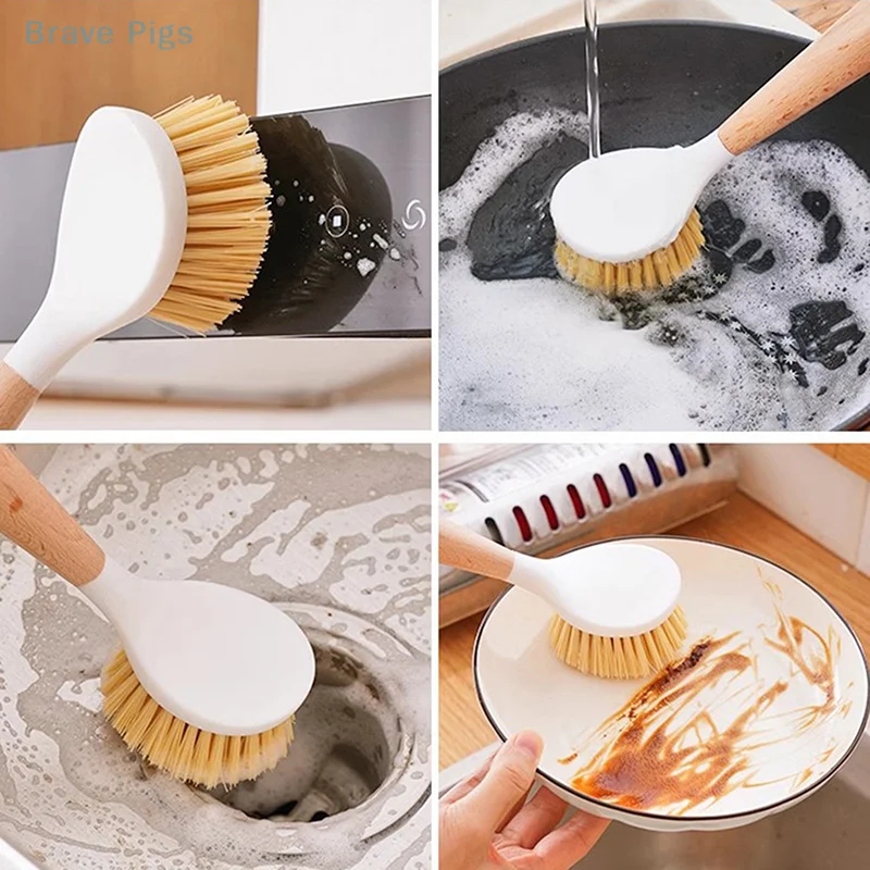 Kitchen Cleaning Brush Natural Wooden Handle Cleaning Brush Dishwashing Brush Cast Iron Frying Pan Brush