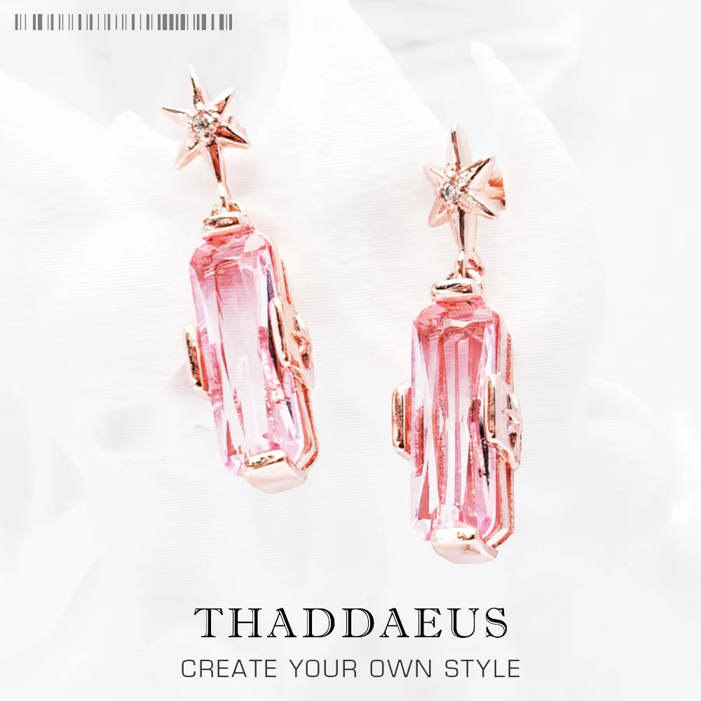 

Серьги-гвоздики со звездами и розовым камнем, покрытые розовым золотом, европейские романтические ювелирные изделия для женщин, подарок из настоящего серебра 925 пробы