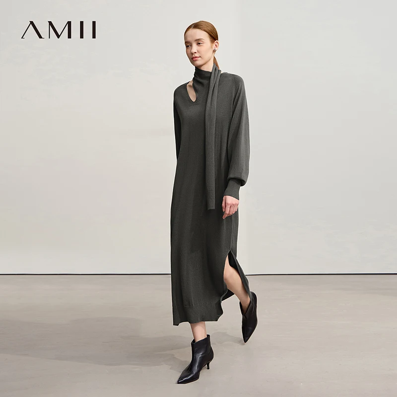فستان Amii للمرأة 2025 شتاء جديد بلون فضفاض من الصوف المرن فساتين طويلة أنيقة مجوفة ملابس نسائية 12554076