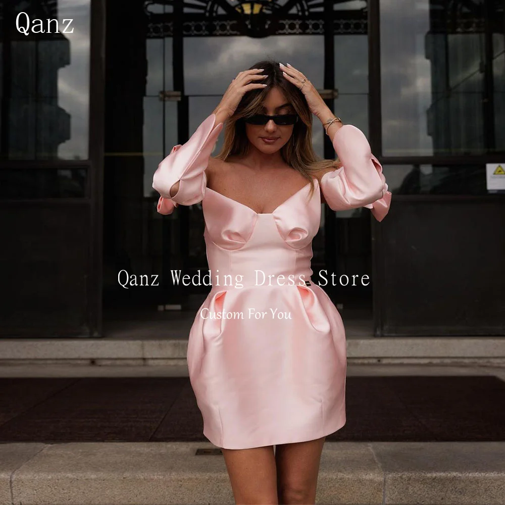 

Qanz Modern Pink Prom Dresses Detachable Sleeves Mini Satin Vestidos De Festa Vestidos Para Eventos Especiales Customized