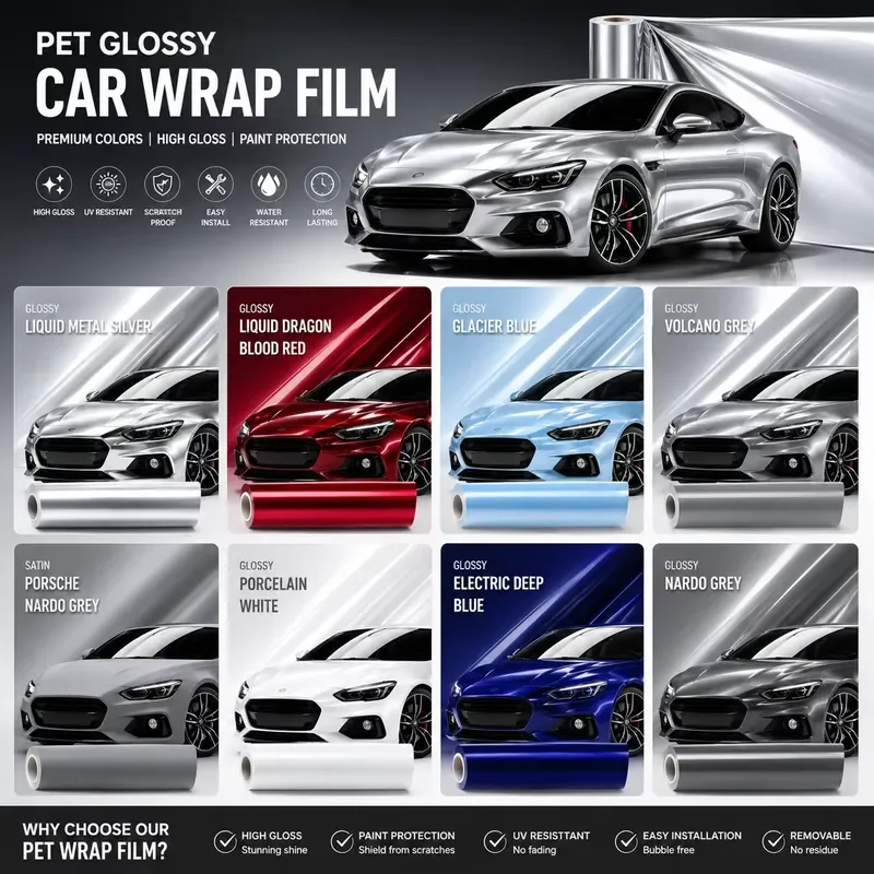 Glossy Metallic PET Car Wrap Film UV Scratch Resistant Easy Dry Install Auto Body Color Change Protective Vinyl Sticker