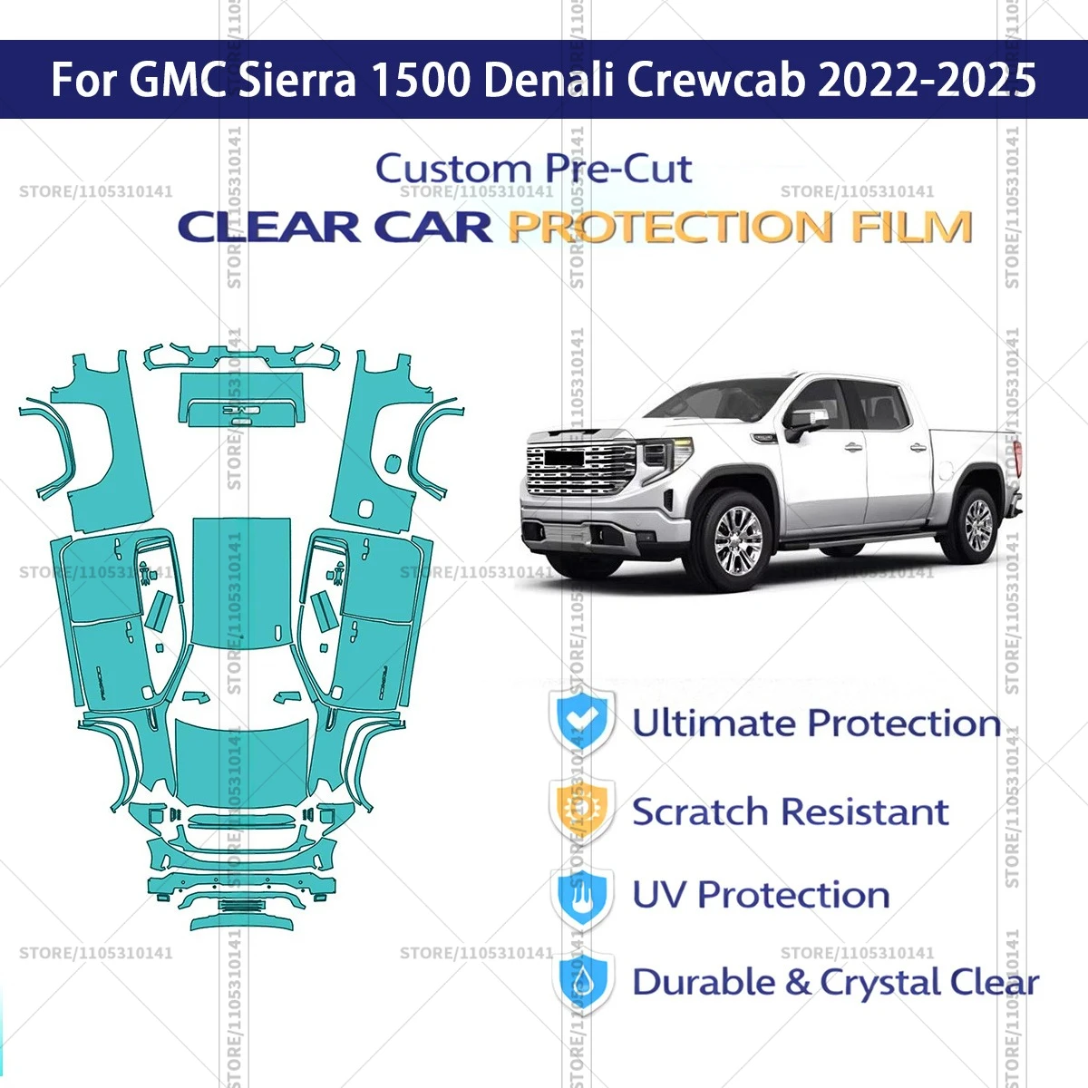 

For GMC-Sierra-1500-Denali-Crewcab-2022-2025 Pre-Cut Paint Protection Film PPF Transparent Car Film Automotive PPF Full Vehicle