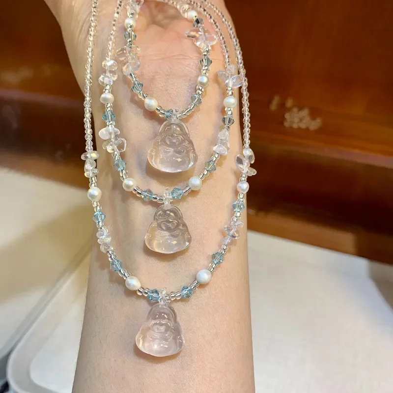 White Crystal Buddha Gong Transparent Laughing Buddha Necklace Pendant Jewelry Wholesale Fresh Beaded White Crystal Buddha