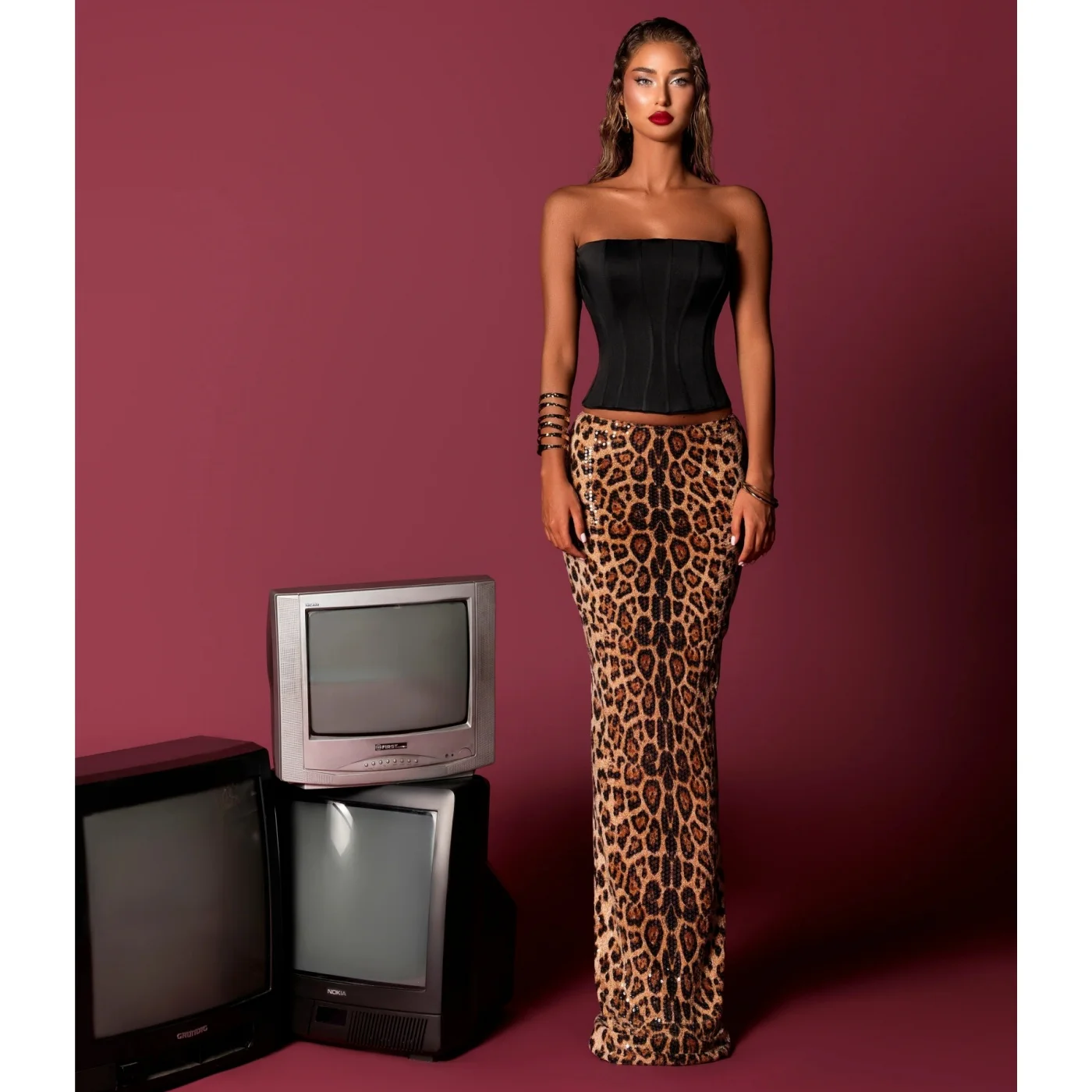 

Black Leopard Print Crop Top And Skirt Set Casual Fashion Goddess Style Toasting Two-Piece Set Knitted Fabric No Sleeve