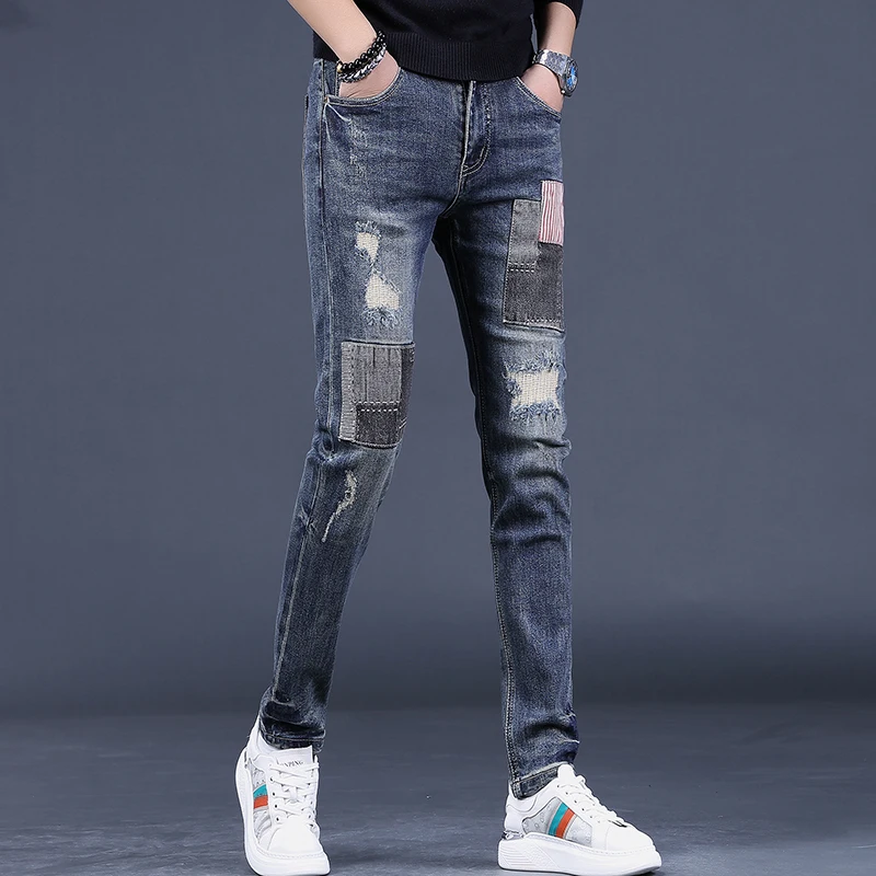 Fashion Ripped Patchwork Jeans Men Casual Blue Slim Fit Straight Pants Streetwear Striped Patch Denim Trousers