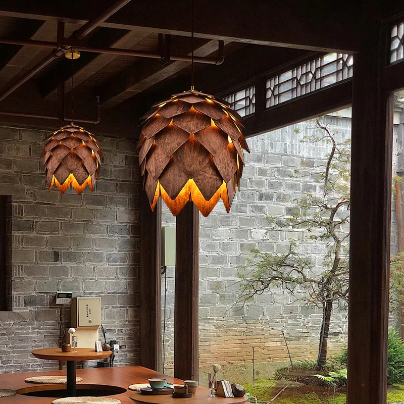 Walnut decorative light solid pine cone chandelier retro Internet celebrity wooden art restaurant bar chandelier
