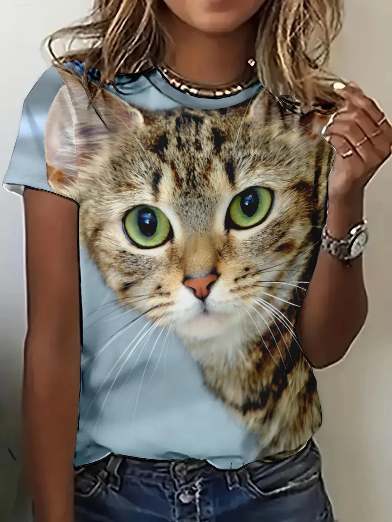 Camisetas con estampado de animales en 3D para mujer, blusa informal de manga corta, a la moda ropa de calle, Top básico para mujer 2024