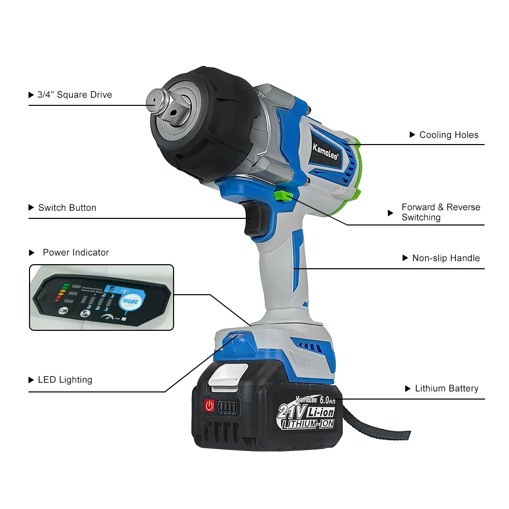 Kamolee 4100NM Brushless Electric Wrench 3/4 inch Cordless Impact Wrench Handheld Power Tool For Makita 18v Battery