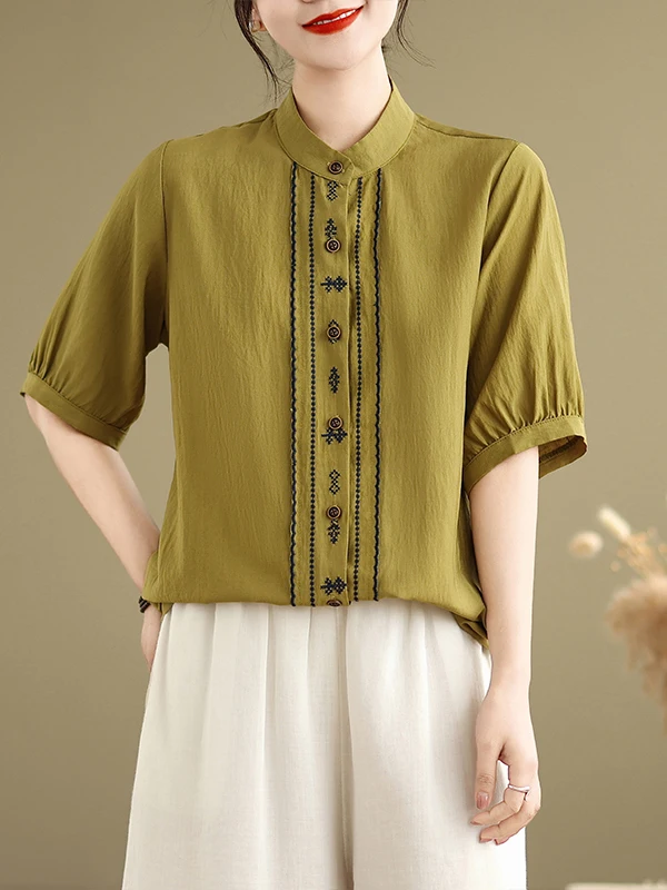 Ele Embroidered Loose irt Design Sensation Summer New Women's Faion Five Sve Tops Quali Fabric Flip Collar irt
