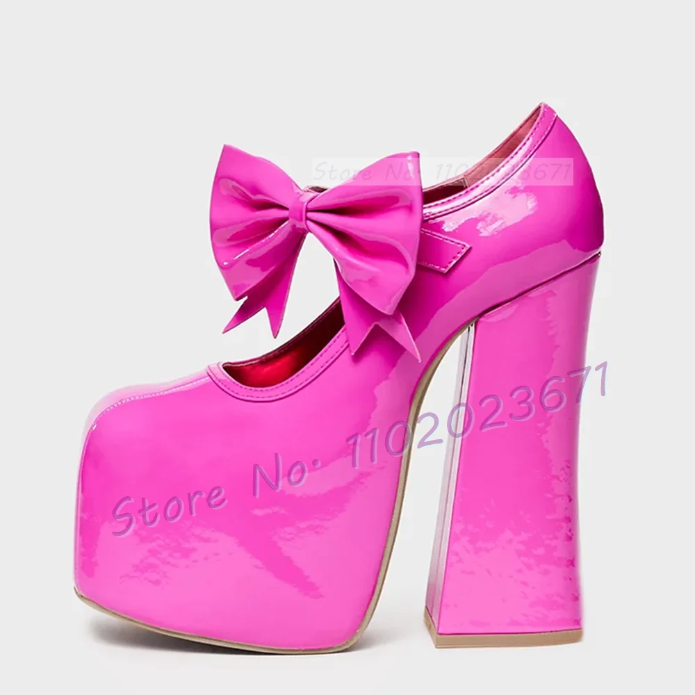 Hot Pink Patent Chunky Heel Bow Sandals Women\'s Evening Round Toe Platform Pumps Sweet Girl Party Cover Heel Showy Classy Shoes