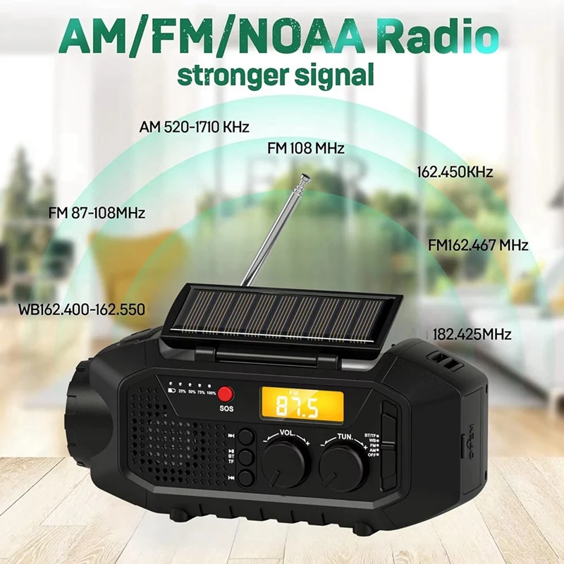 Radio d'urgence avec haut-parleur Bluetooth, radio portable à manivelle solaire, radio AM et FM pour la survie, chargeur USB, alarme SOS, lampe de lecture