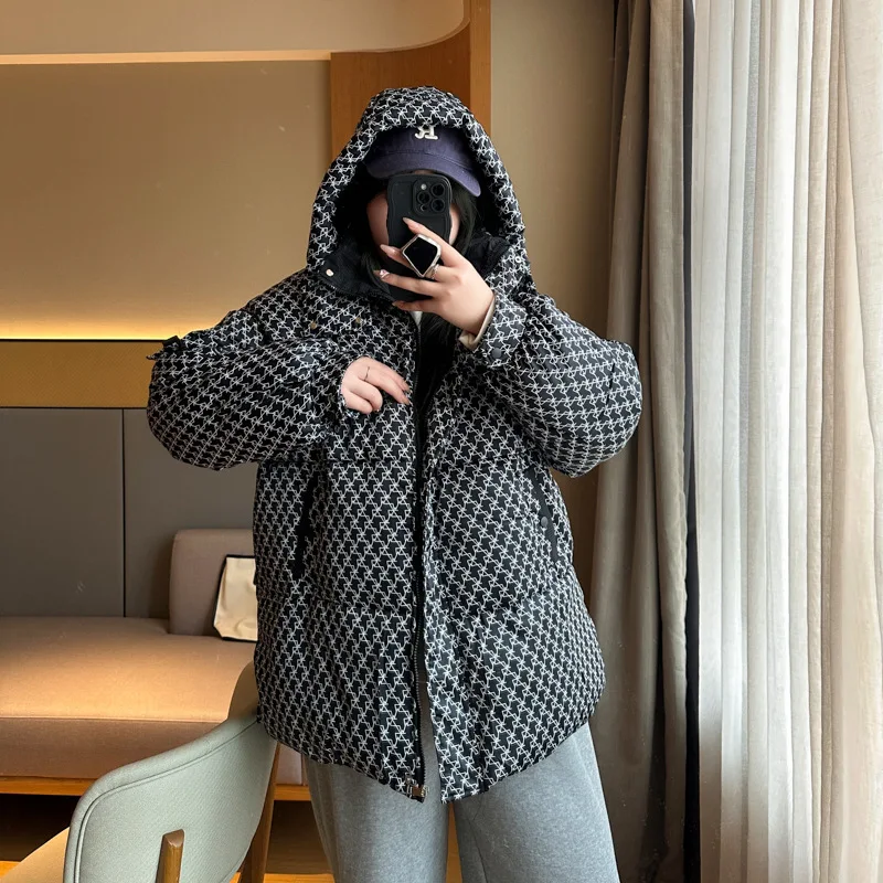 XXXXXL Mode Plus Size vrouwen Parka Winter Houndstooth Capuchon Gewatteerde Jas Losse Casual En Warme Jas 8388