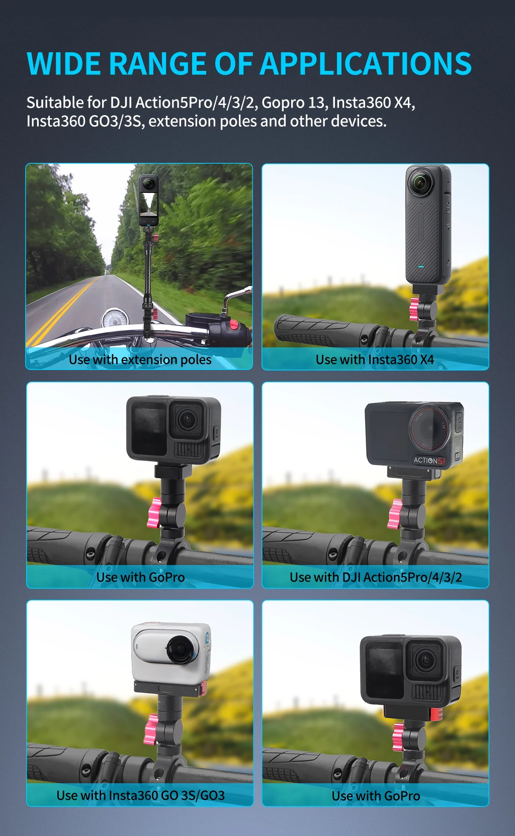 Motorrad Fahrrad Lenker Quick Release Clamp Halterung für GoPro 13 12 11 OSMO 360 Action 5Pro Insta360 GO 3S Stand Licht Halter – Detail 11