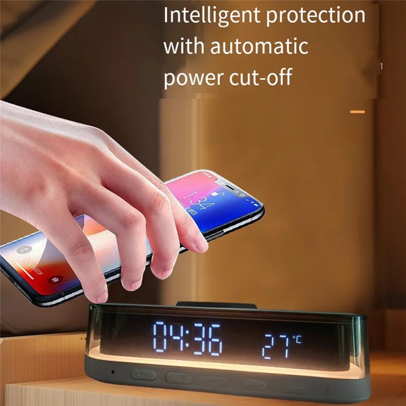 Wireless Charger 15W Multi-Function Desktop Wireless Charger Clock Alarm Thermometer Night Light