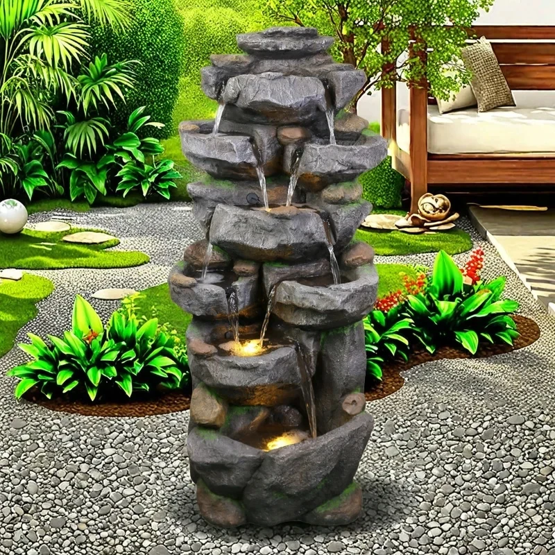 custom.Large Outdoor LED Tiered Fountain Ornament Polyresin Rockery Curtain Wall Stylish Artificial Garden Yard Lawn