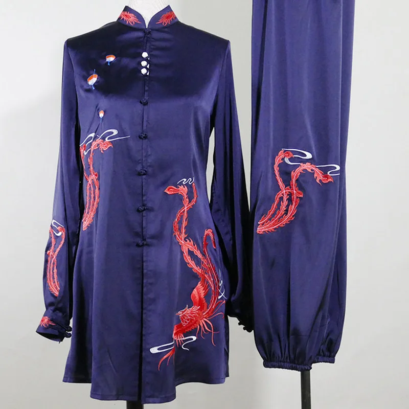 Mid-Length Phoenix Embroidered Tai Chi Uniform Women Kung Fu Practice Suit Wushu Performance Slim Waist Long Navy Blue Custom