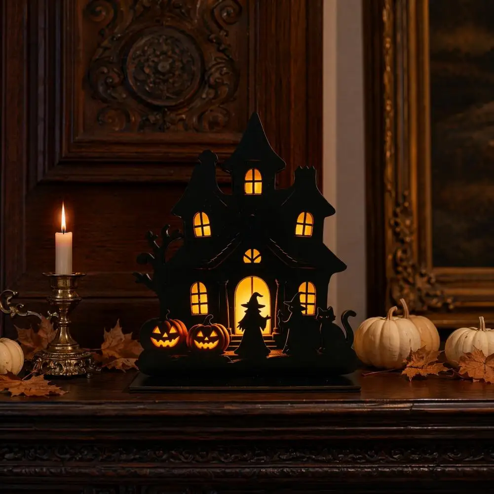 Halloween Decoration Witch Wooden Table Centerpiece with Black Cat Spooky Castle Halloween Ornament Hinged Haunted for Home