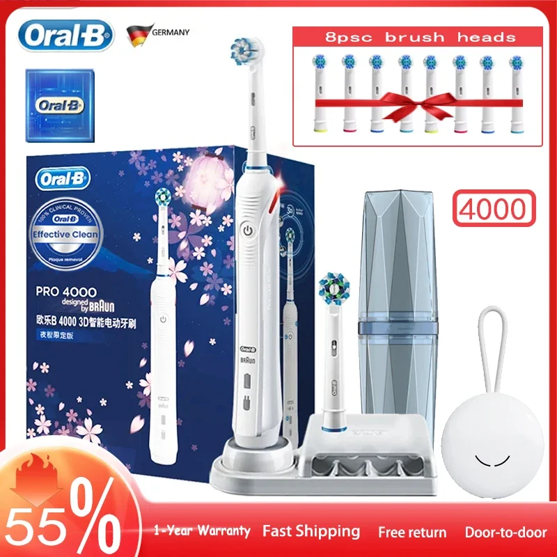 

Oral B Pro 4000 Ultrasonic Toothbrush 3D Action Visible Pressure Monitor Electromagnetic Induction Charging Electric Toothbrush