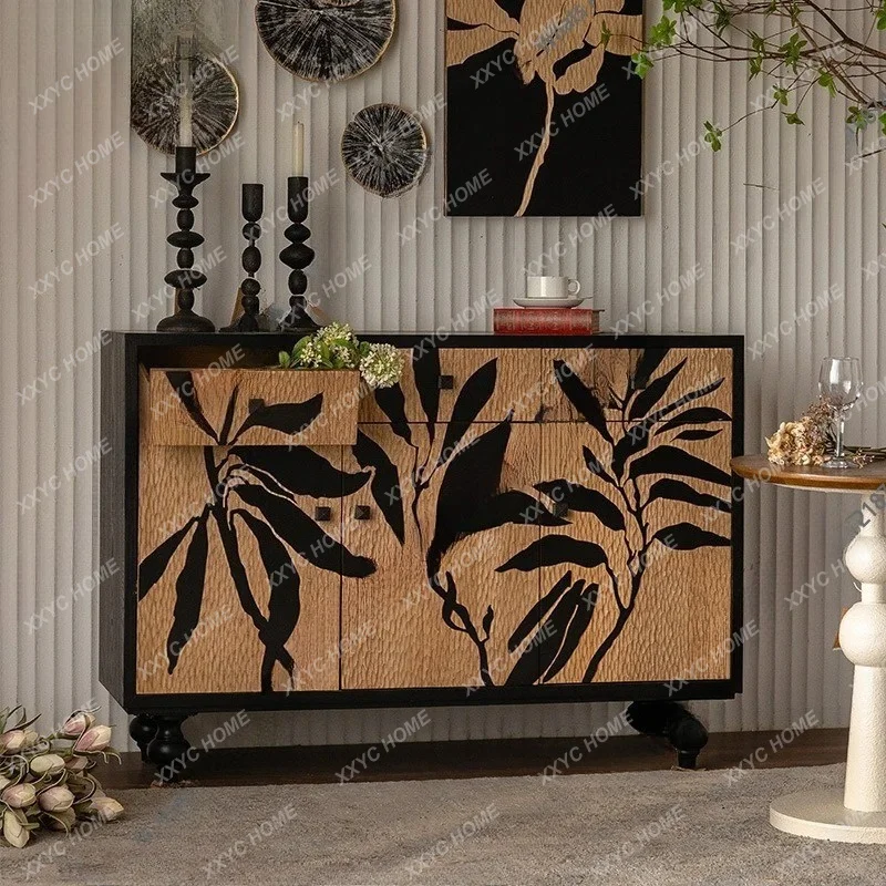 XX Wabi-sabi style entrance combination entryway cabinet solid wood carved pattern sideboard creative furniture  vintage