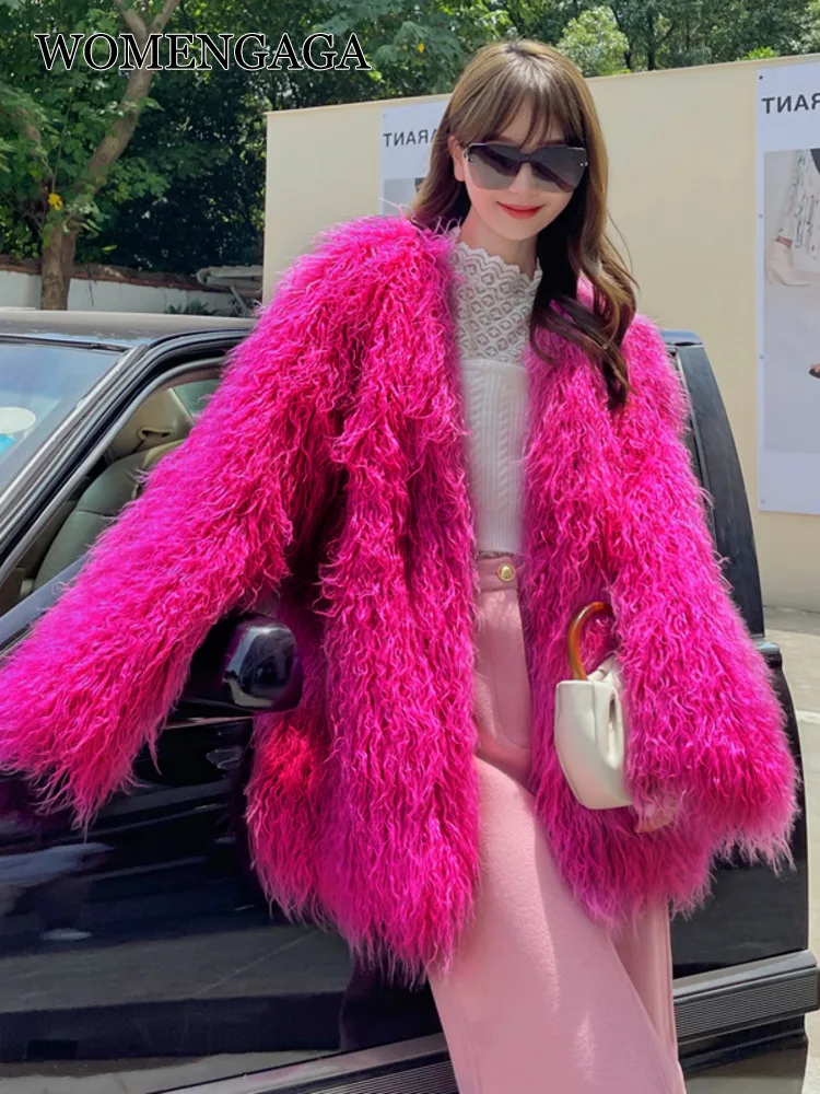 

WOMENGAGA Female Jacket Fur Autumn Winter Shaggy Outerwear Colorful Warm Faux Women Coat Loose Black White Pink Plush Coat 6FS3