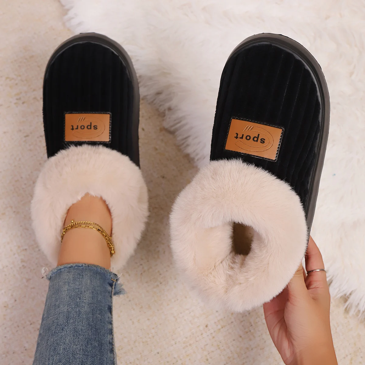 Autumn and Winter Fluffy Home Slippers, Warm Soft-Soled Ankle Shoes, Plush Indoor Comfortable High-Top Shoes, Bedroom Silent Floor Shoes view 3
