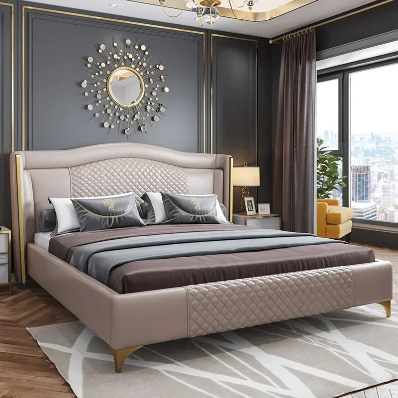 Genuine Leather Bed Nordic Double Size Rectangle Bed Frame Nordic King/Queen Size Wedding Lits Designer Upholstered