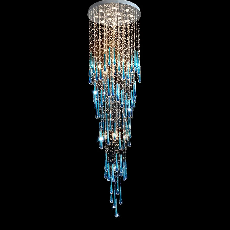 

Royal Blue Crystal Chandelier Light Fixture Long Large Modern Ceiling Lamp For Staircase Lustre Stairs Foyer Indoor Lighting