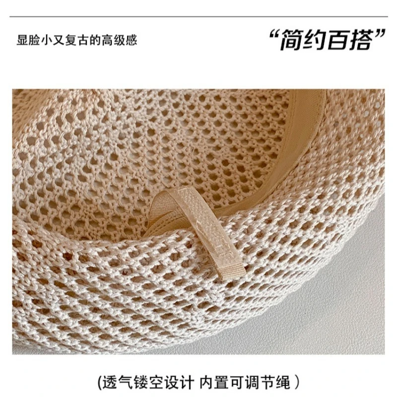 Koreanische schlichte, einfarbige, atmungsaktive Strickmütze für Damen – dünne Sommer-Baskenmütze im modischen, literarischen und künstlerischen Stil – Detail 6