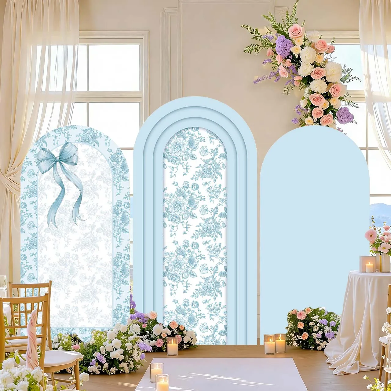 Mehofond Custom 2-Sided Pink and Blue Floral Pattern Bow Birthday Party Baby Shower Wedding Cover Chiara Arch Decor Backdrop