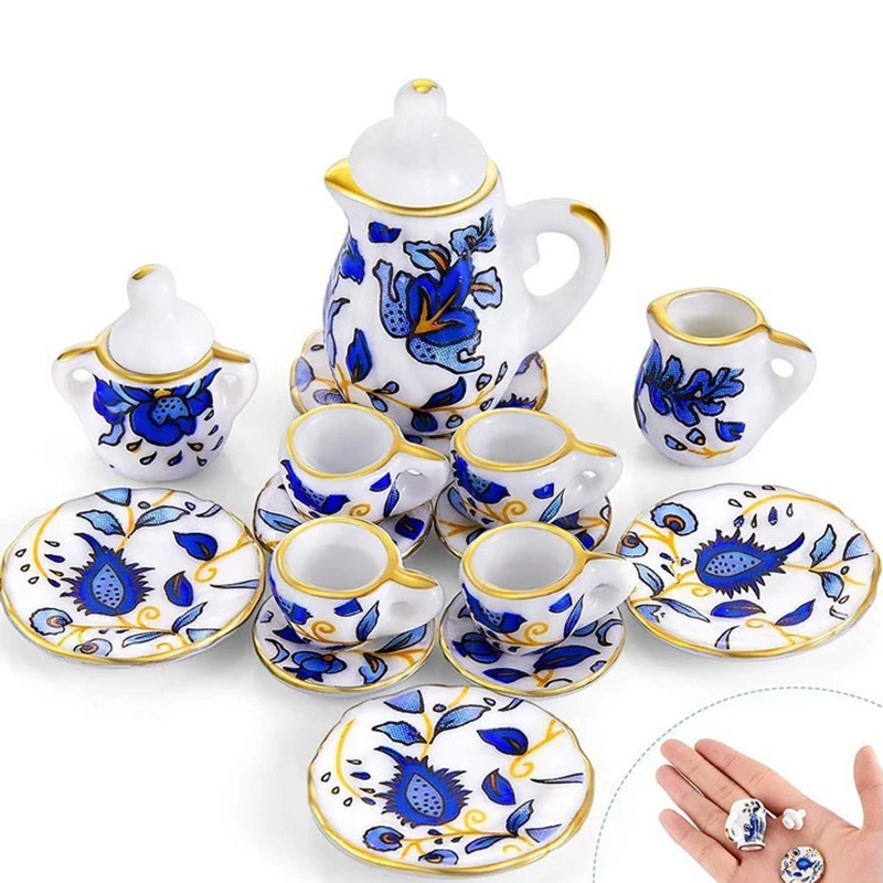 Vajilla en miniatura para casa de muñecas, juego de tazas de té de cerámica y porcelana, 15 piezas, 1:12