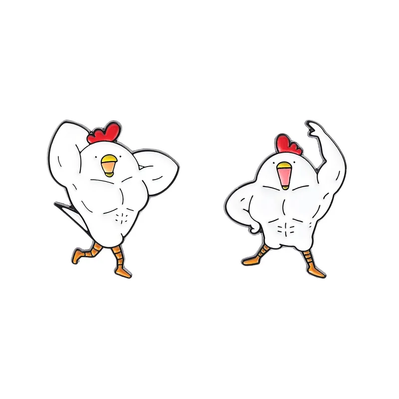 Cartoon muscular rooster badge, Quirky fitness pose alloy pins, backpack clothing accessory, gifts for a friend