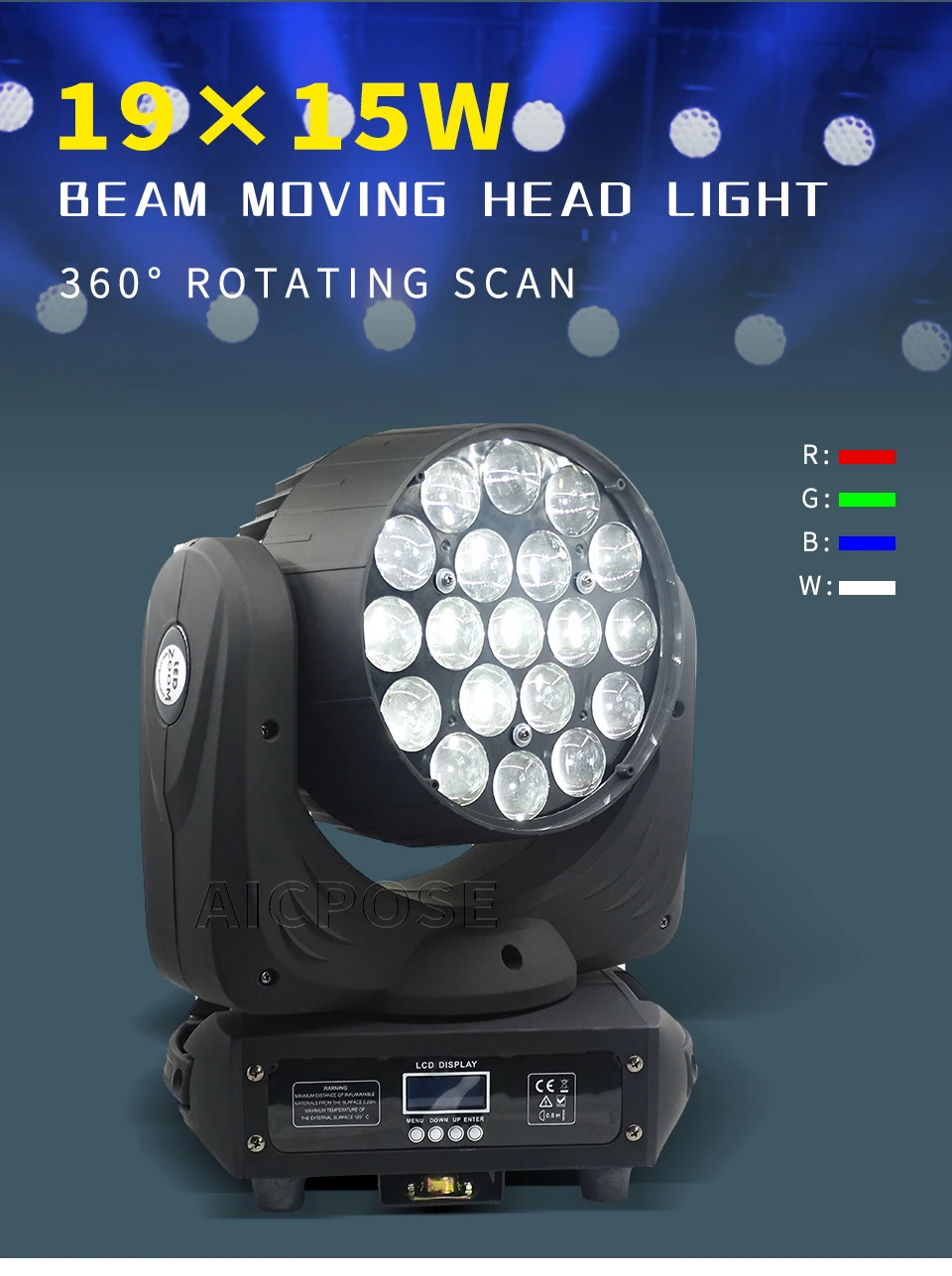 Veranstaltungsausrüstung RGBW 19x15W Moving Head Licht Elektronischer Zoom Spotlight DMX-Steuerung Geeignet für DJ Disco Konzert Hochzeit Bühne – Detail 1