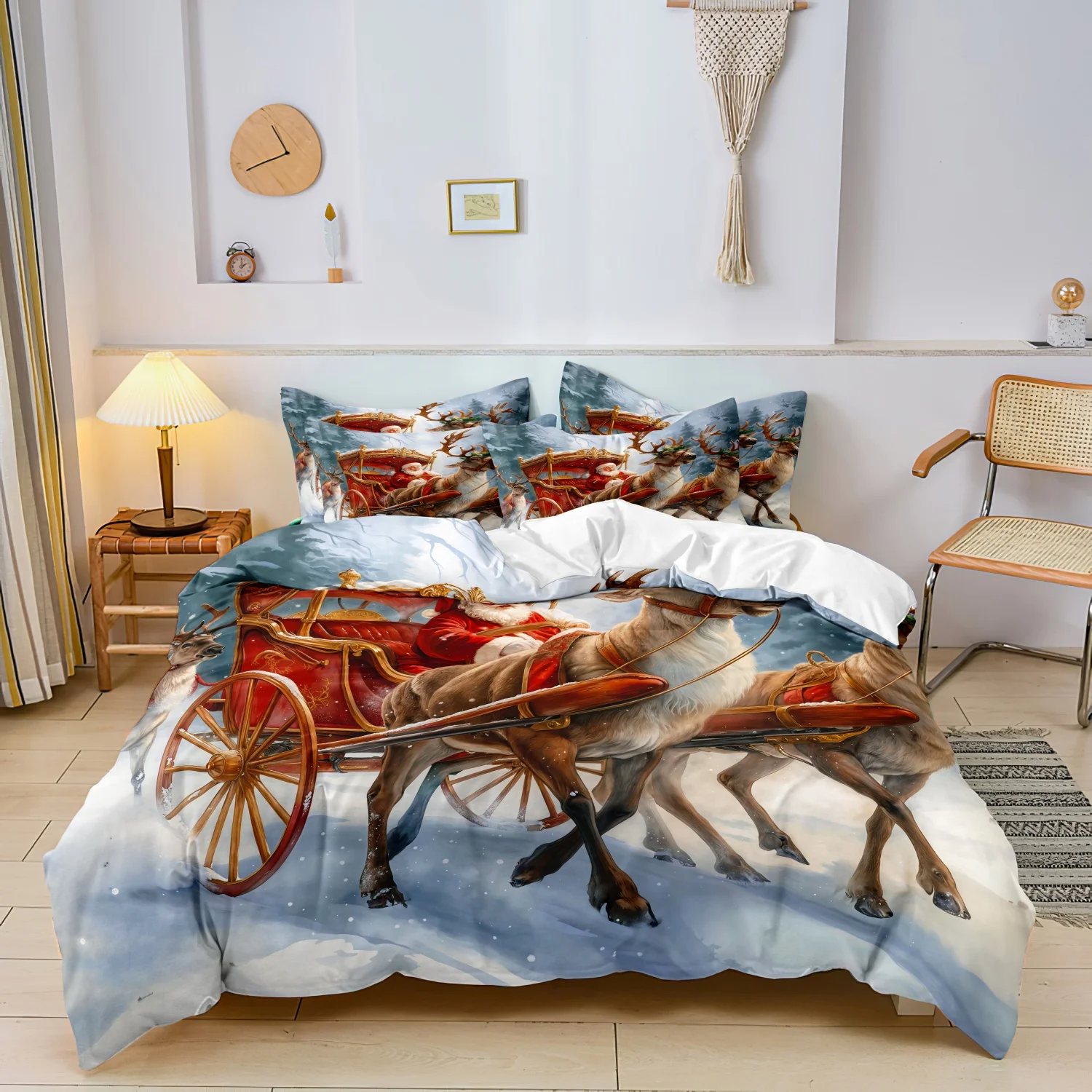 3pcs Vintage Santa Sleigh Reindeer Christmas Duvet Cover Set, Winter Snow Santa Claus and Reindeer Sleigh Pattern Bedding