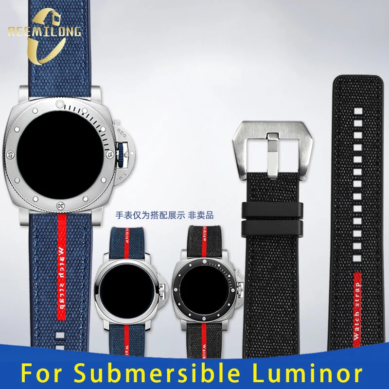 

Nylon silicone rubber bottom watch strap 22mm 24mm blue black gray red lines men watchband For Panerai Submersible Luminor 1404