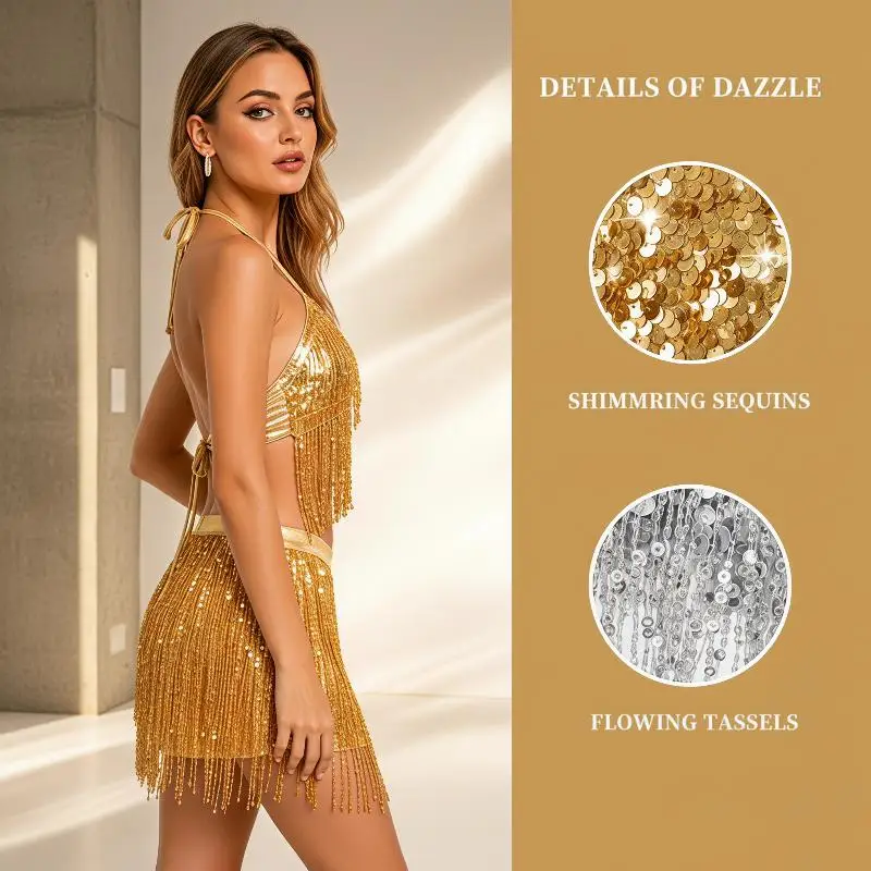 Glitzerndes Crop-Top mit Fransen und Neckholder, glänzendes, rückenfreies, figurbetontes Oberteil mit Pailletten für Damen, Rave, Tanz, Nachtclub, Party – Detail 1