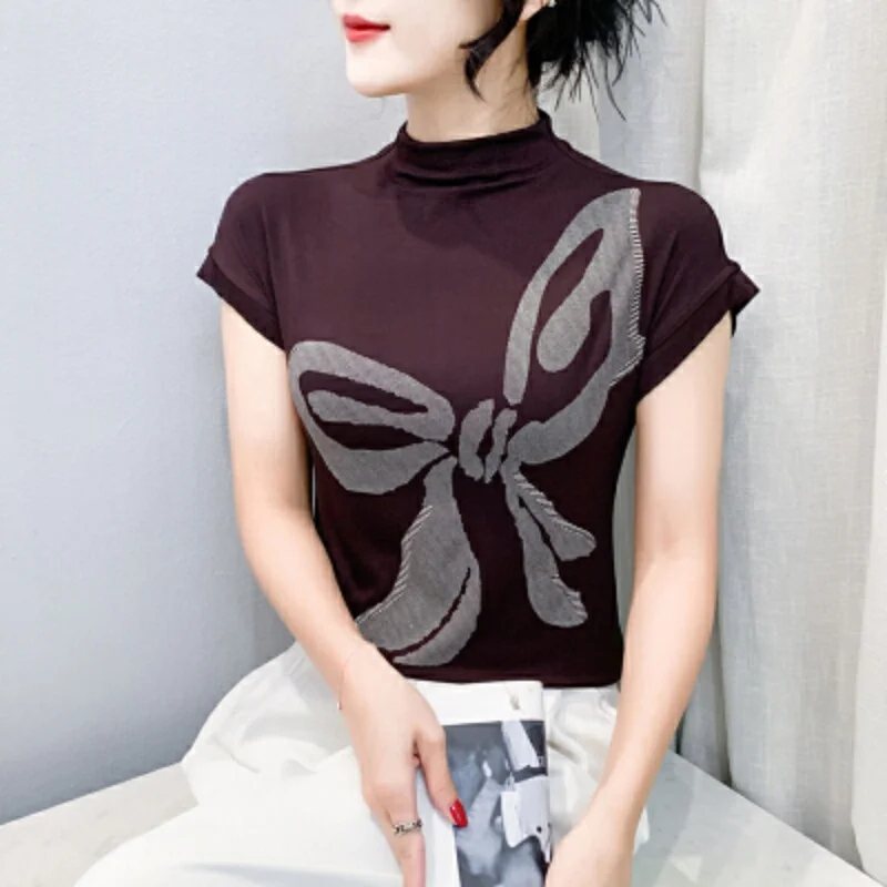 

Осенняя европейская одежда, женская футболка с высоким воротником и бантом, с короткими рукавами, облегающий эластичный топ, модные футболки