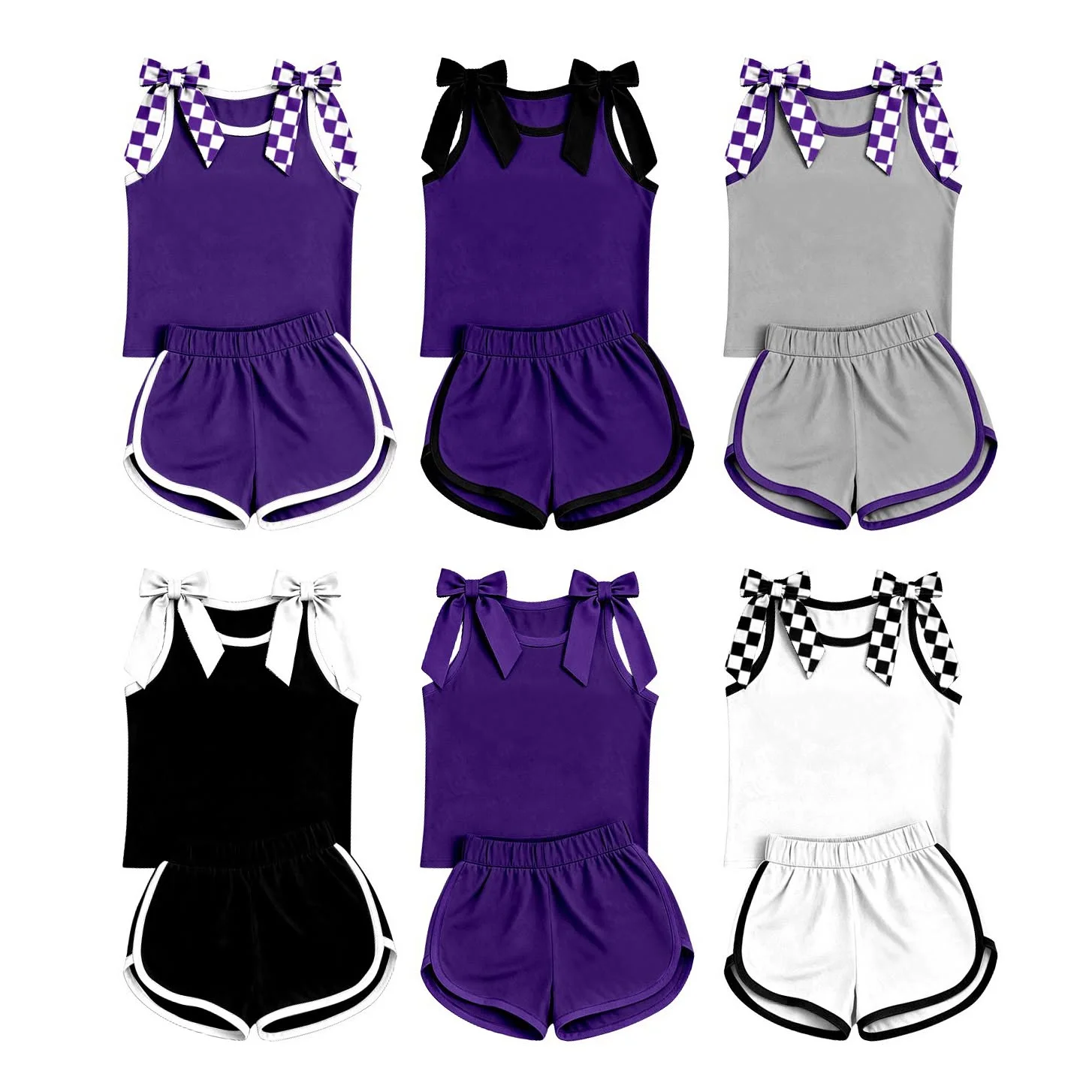 Girls New Summer Solid-Color Paneling and Bow Detail Sleeveless Top and Shorts Boutique Set
