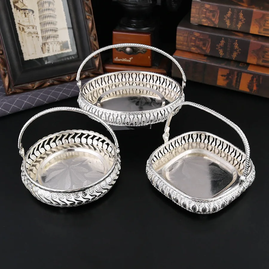 

Vintage Silver Color Metal Serving Tray with Handle Snacks Candy Storage Basket for Wedding Home Birthday Party