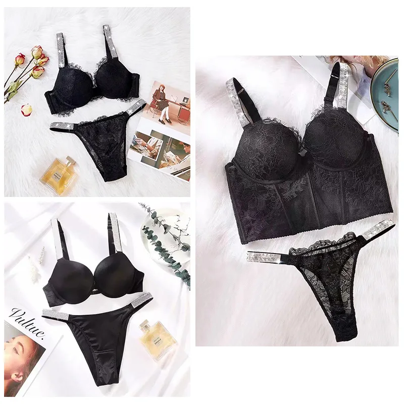 2025 New Style Comfort Briefs Underwear Set Brand Letter   Sexy  Lace Female Intimates  Women Panties Rhinestone Bra Set