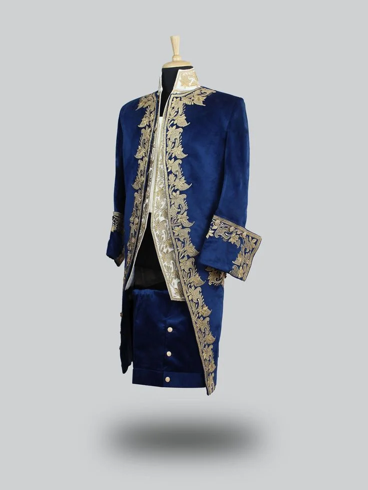 18th Century French Royal Rococo Baroque Men's Navy Blue Ball Gown Heavy Luxurious Embroidered Court Coat Wedding Theater Costum